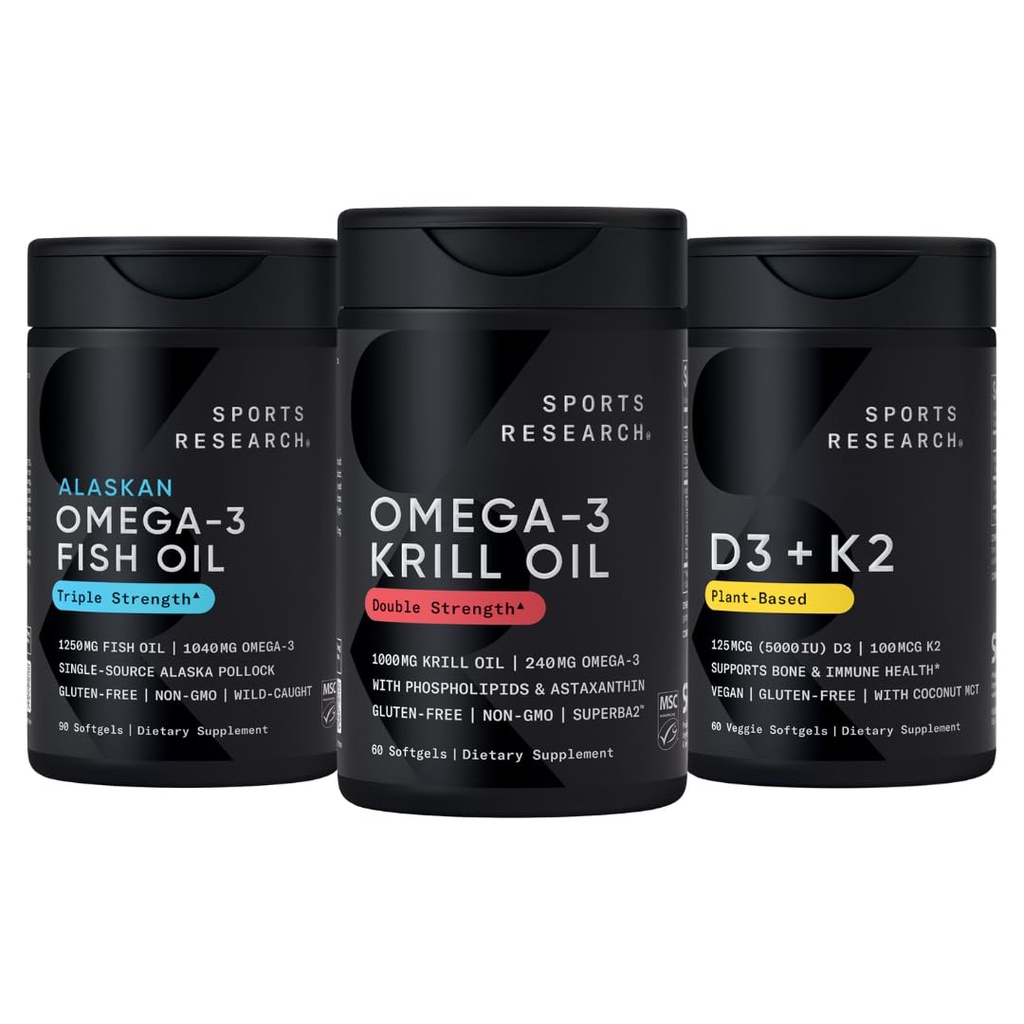 스포츠 연구 남극 Krill 오일 오메가 3 1000mg (두 배 힘) 포스 포 지질, Choline & Astaxanthin, 세 배 힘 오메가 3 물고기 기름 단 하나 근원 야생 알래스카 Pollock 1250mg, 비타민 D3 K2