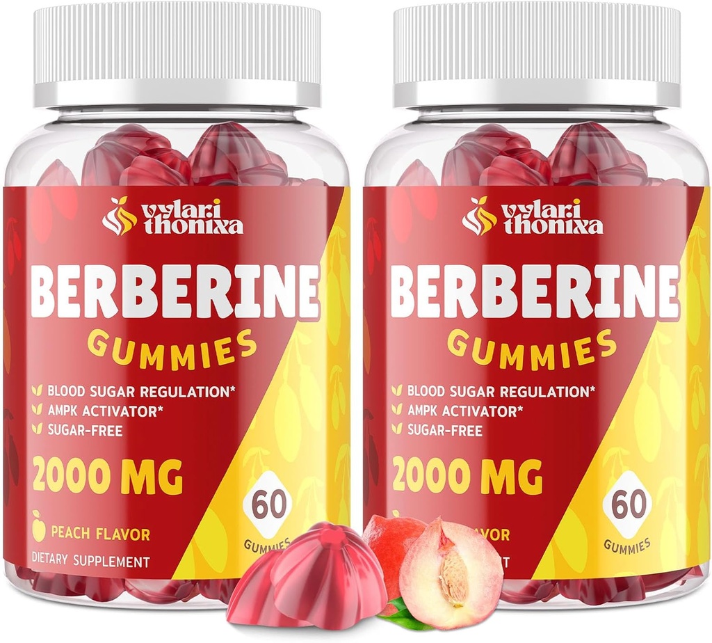 2000mg Berberine Supplement Gummies - Ceylon Cinnamon Candy, Turmeric, Magnesium, Chromium - Sugar Free, Vegan, Non-GMO, Gluten-Free - 복숭아 맛 60 Gummies - 2 팩
