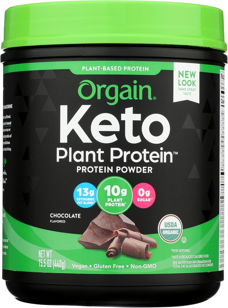 Orgain 유기 Keto Vegan 단백질 분말, 초콜릿 - 10g 식물 기반 단백질, 0g 설탕 *, Avocado & 코코넛 오일, 글루텐 무료, Dairy 없음, Lactose 또는 Soy 성분, 스무디 및 쉐이크 용, 0.97lb