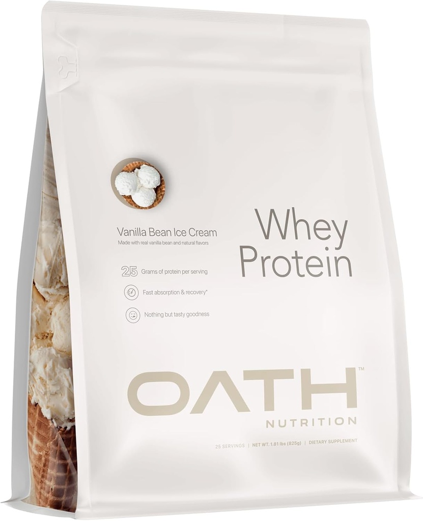 OATH NUTRITION Whey Protein Powder, 바닐라 콩 아이스크림, 단백질 25 그램, 설탕 1 그램, 2 파운드, 25 서빙