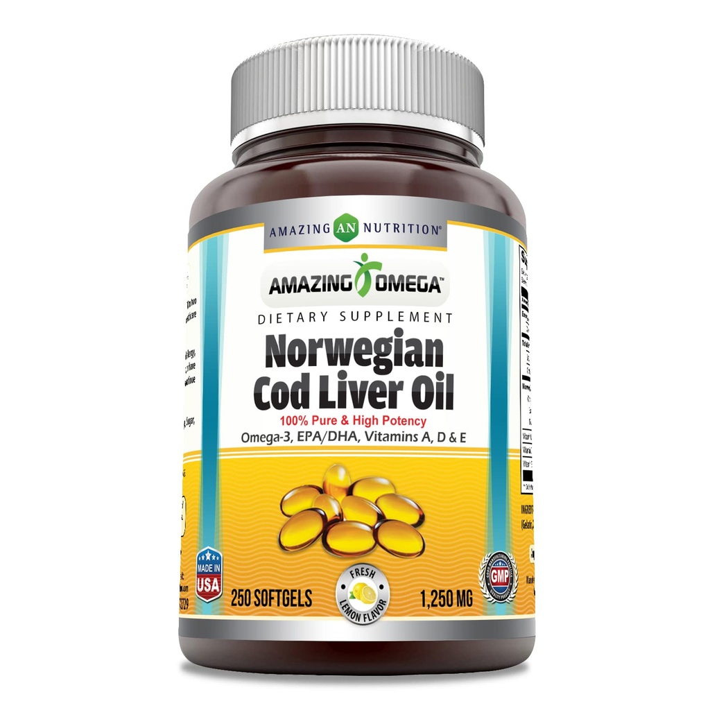 어메이징 오메가 노르웨이 코드 잉어 오일 1250 Mg Softgels 보충 | 오메가-3, EPA, DHA, 비타민 A, 비타민 D & 비타민 E (레몬 | 250 개)