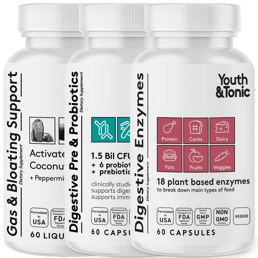 청소년 & Tonic 소화 Stomach 지원 & Detox for Regularity, 가스 & Bloating & Gut 건강. 모든 유형 소화 효소 Probiotics & Prebiotics Charcoal Peppermint & 유기 코코넛 오일 180 알약