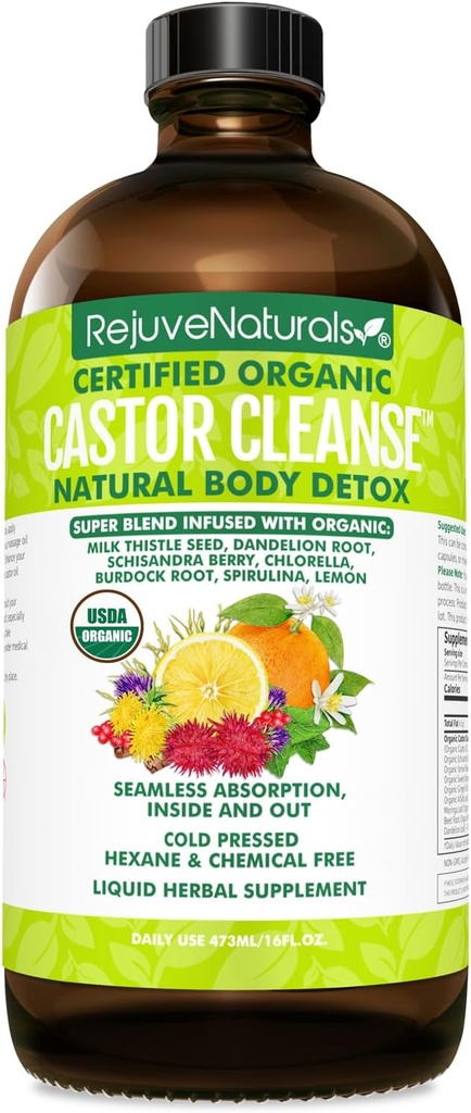RejuveNaturals 피마자 CleanseTM - USDA 유기 피마자 기름, 클로렐라, Spirulina, 웰니스를 위한 뿌리 & 녹색, 소화 지원, 매일 균형. 여자 & 남자를 위한 3 달 공급 Gut Cleanse Detox - 16oz.