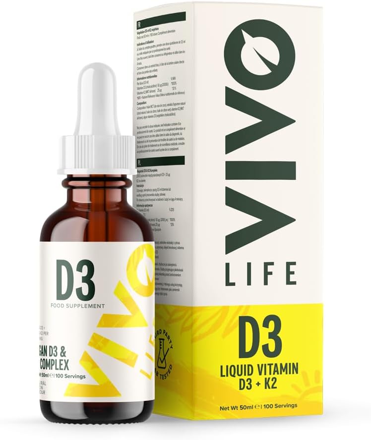Vivo Life - 비타민 D3 K2, 50ml 액체 복합 드롭, D3의 2000iu, 남성과 여성을위한 Vegan 건강 보충, 100 서빙