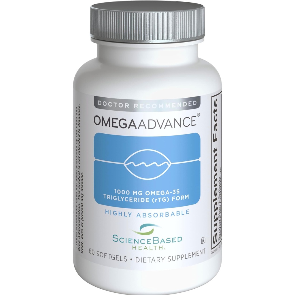 OmegaAdvance Omega-3 물고기 기름 – 1000 mg EPA & DHA를 가진 Triglyceride 모양 – 플러스 Lutein & Zeaxanthin – 지원 심장, 뇌 건강 및 눈 건강 – 레몬 코팅 – 60 Softgels