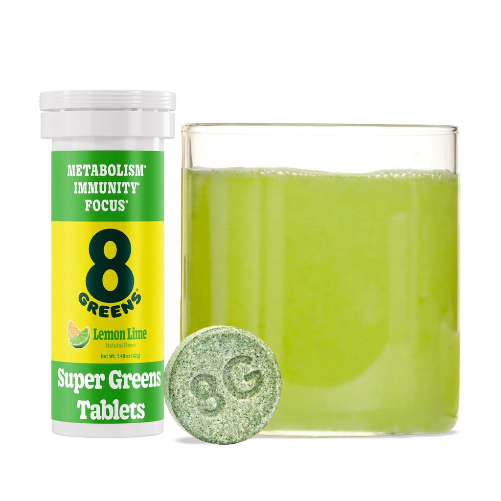 8Greens Supergreens 정제 | 슈퍼 그린 파우더 슈퍼 푸드 태블릿, 메타볼리즘 면역 및 초점, 매일 그린 Effervescent 정제, 유기 : 알로에 Vera, Spirulina, Chlorella, 레몬 라임, 10 서빙