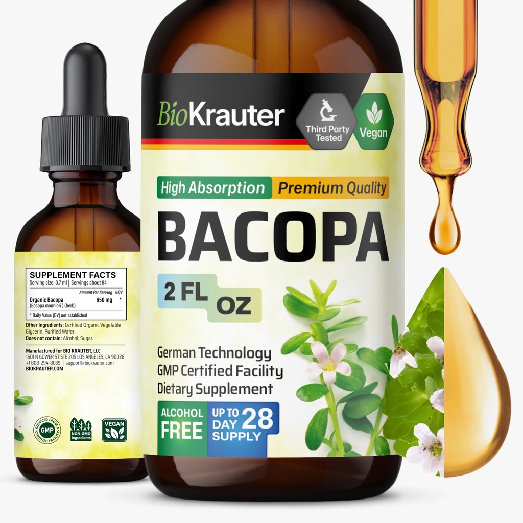 BIO KRAUTER Bacopa Monnieri Drops - 두뇌 지원 Brahmi 보충제 - 액체 Bacopa 보충제 - 알코올 및 설탕 무료 - Vegan 2 Fl.Oz.
