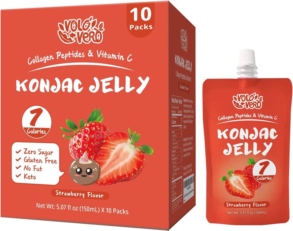 Konjac 젤리 파우치 음료 딸기 맛, 7 칼로리, 글루텐 무료, Zero Sugar, Keto, Collagen 펩타이드 및 비타민 C, 낮은 지방 건강 과일 스낵, 휴일 선물, 10 팩