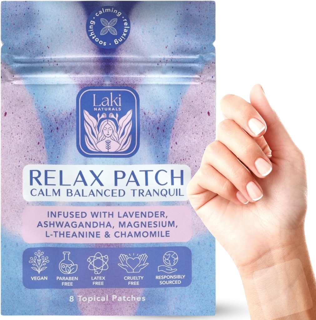 Laki Naturals Relax Patch (Pack of 8) | 스트레스와 걱정을위한 천연 식물 기반 성분 | 더 나은 수면을위한 Calming Formula