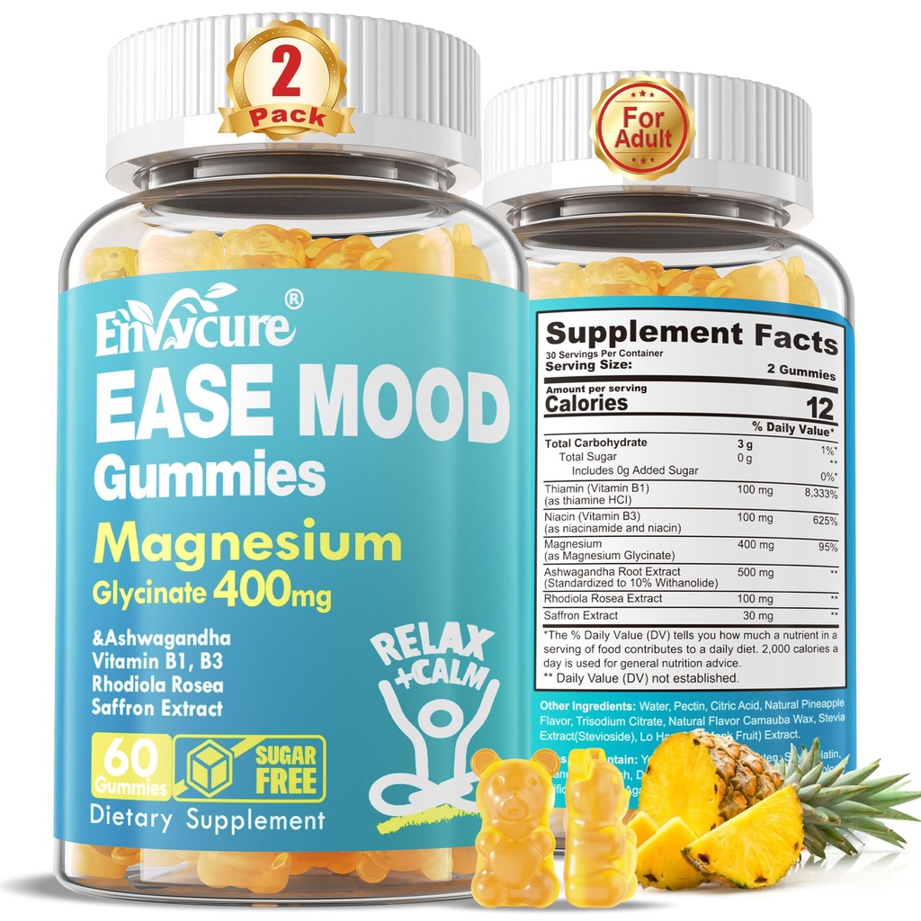 설탕 무료 마그네슘 글리세린 Gummies 400mg Ashwagandha, B1, B3, Rhodiola Rosea & Saffron for Support Rest, Mood & Calm Magnesium Gummies for Adults, Chewable 마그네슘 보충, Vegan, 120Ct