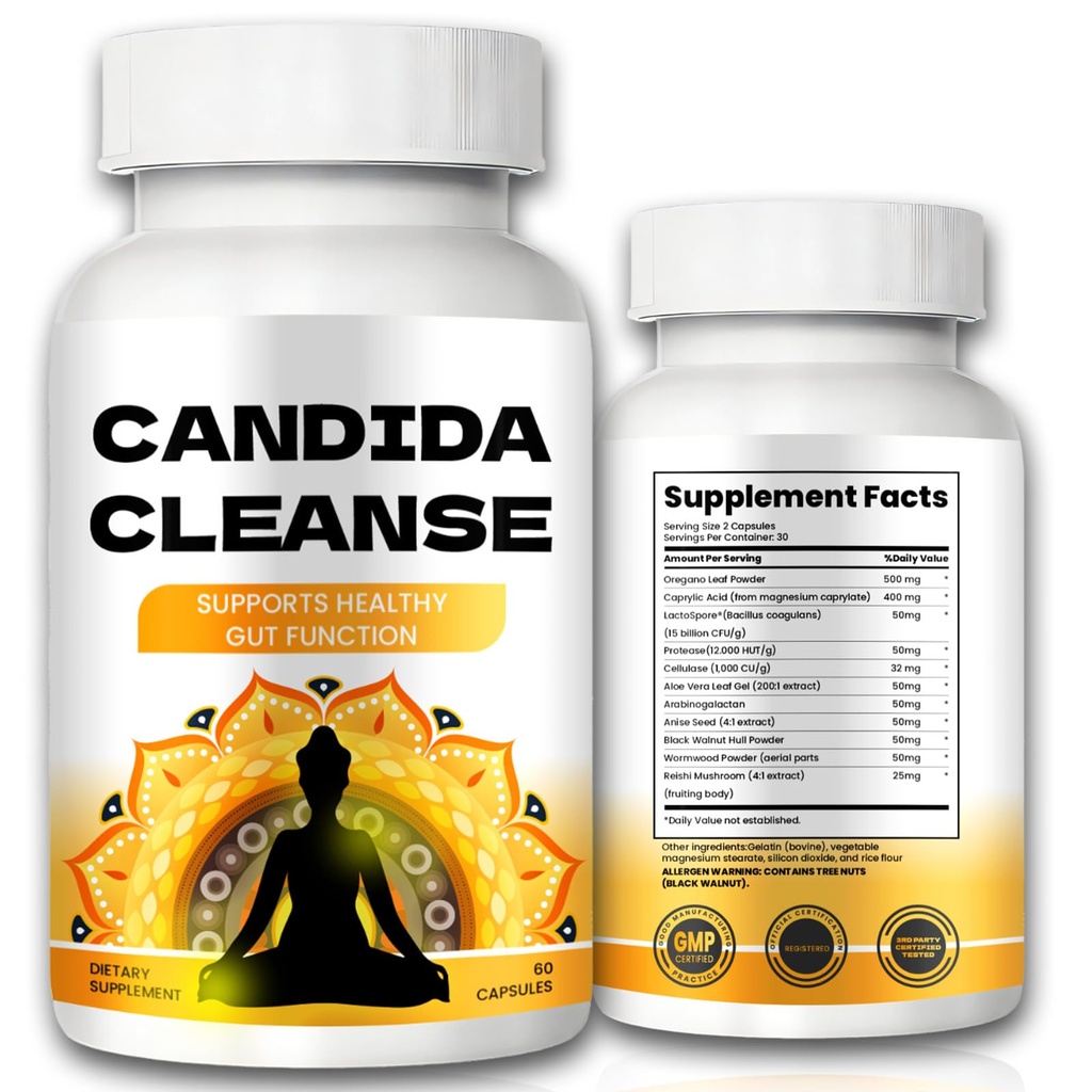Candida Cleanse - Gut & Colon 지원, 고급 공식 - Oregano 잎, Wormwood, 검은 호두, Caprylic 산