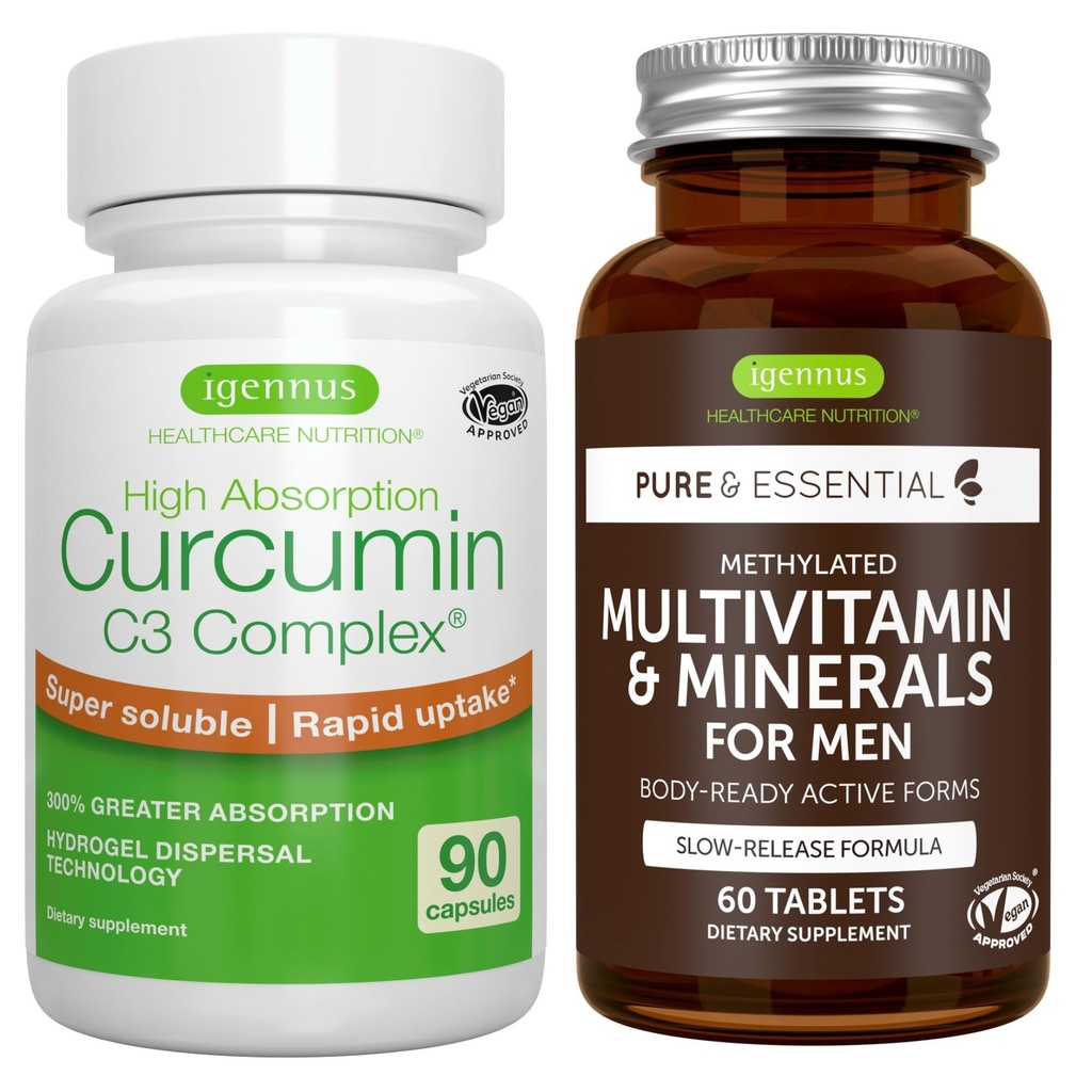 남자를 위한 Multivitamin & 무기물 + 높은 흡수 Curcumin C3 Complex, Vegan 번들, 중단된 방출 급속한 입구를 가진 진보된 Multivitamin + 300% 더 중대한 흡수 Curcuminoids, Igennus에 의하여