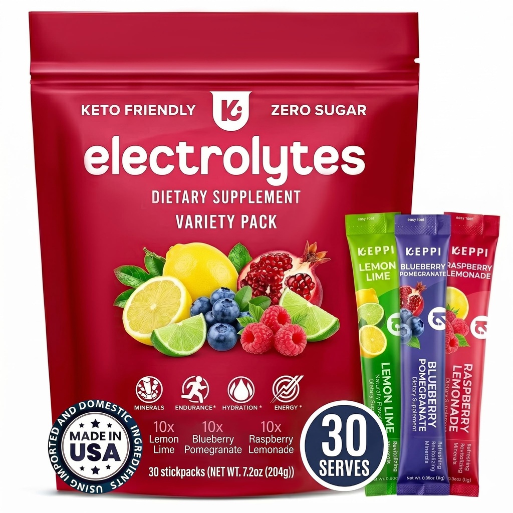 Keppi Electrolytes Powder Packets 분류 된 맛 30 서빙 - 칼륨, 마그네슘, 나트륨 - Keto, Vegan, Fasting-Friendly, Zero Calorie Hydration Packets와 설탕 히스 보충 없음