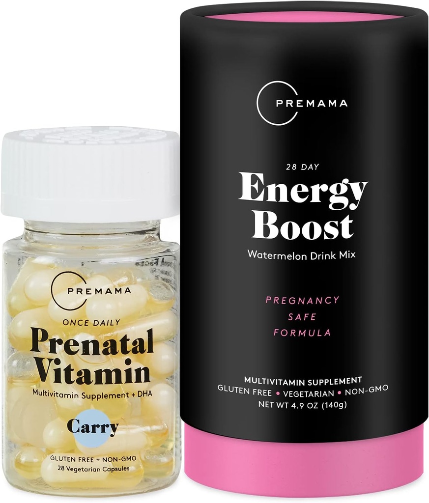Premama Prenatal 비타민 에너지 부스트 음료 혼합 & Prenatal 지원 번들, 오메가 3, B 비타민, DHA, Folate, 28 서빙