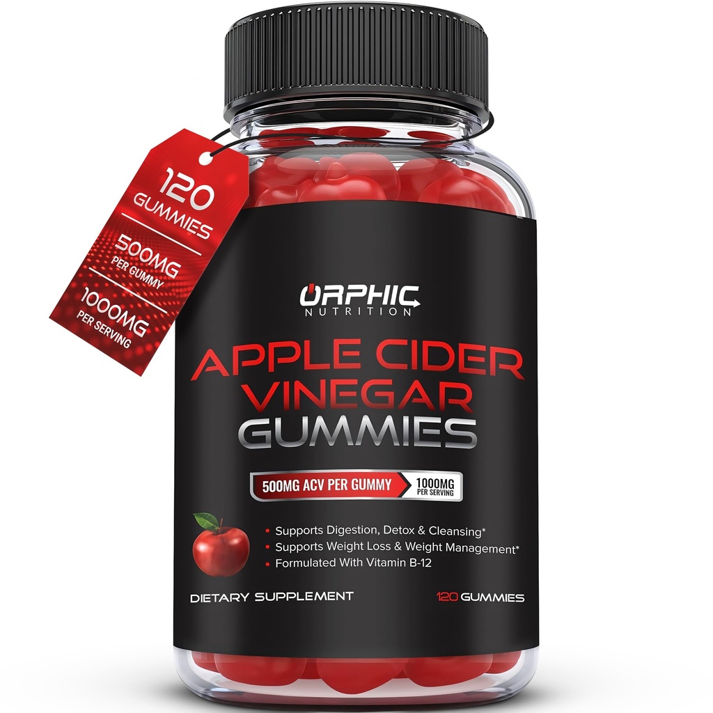 ORPHIC NUTRITION Apple Cider Vinegar Gummies - 1000mg - ACV 체중 감량 Gummies - 소화, 해독 및 클렌징 지원 - VIT B12, Beetroot - Gomitas de Vinagre de Manzana (120 개)