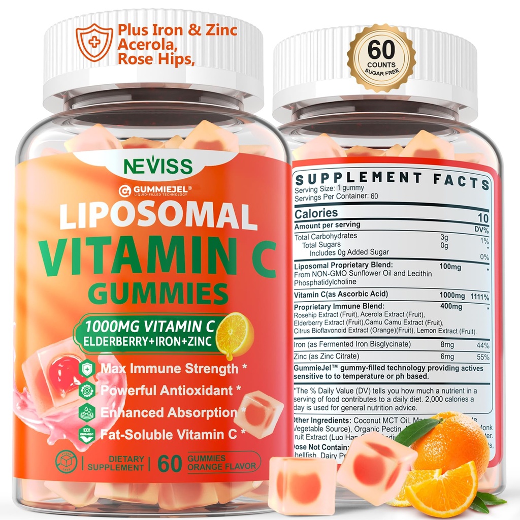 성인을 위한 Liposomal 비타민 C 1000mg Gummies - Elderberry, 아연 & 8mg 철, 설탕 자유로운 Vit C 보충교재, 에너지, 교원질 승압기 60 조사를 위한 매일 면역성이 있는 지원 Gummies