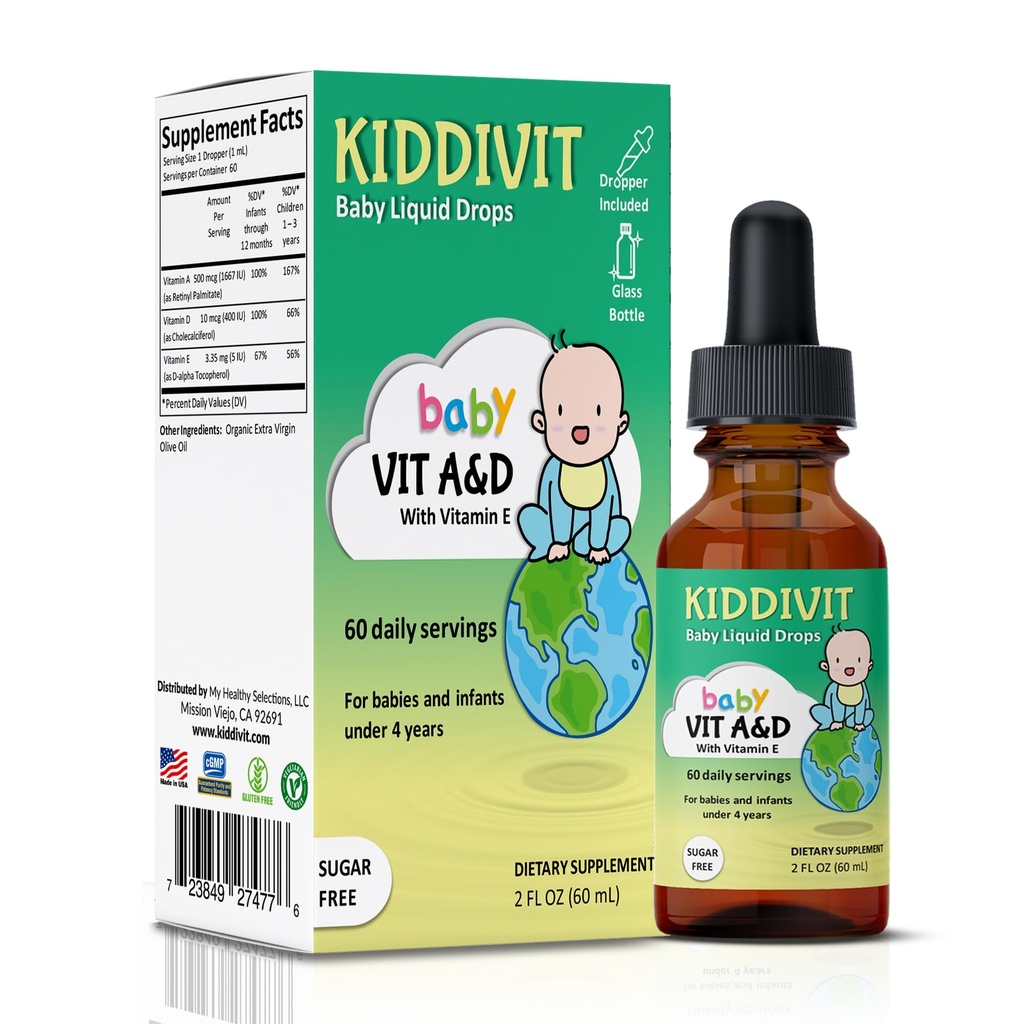Kiddivit 아기 비타민 A & D 액체 드롭 비타민 E - Gentle Immune & Vision Support Supplement - 60 일일 서빙, Dropper 포함, 유리 병 - 설탕 무료, 글루텐 무료, 채식, 2oz