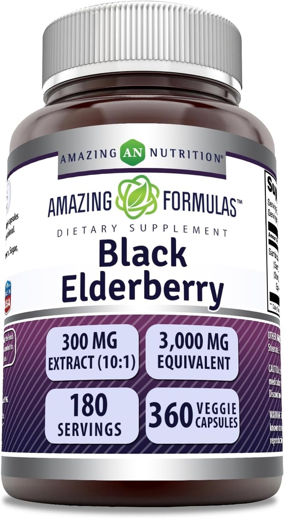 Amazing Formulas Sambucus Black Elderberry | 300 Mg Extract 10:1 (3000 Mg Equivalent) | Veggie Capsules | 비 GMO | 글루텐 프리 | 미국 (1개 팩, 360개)