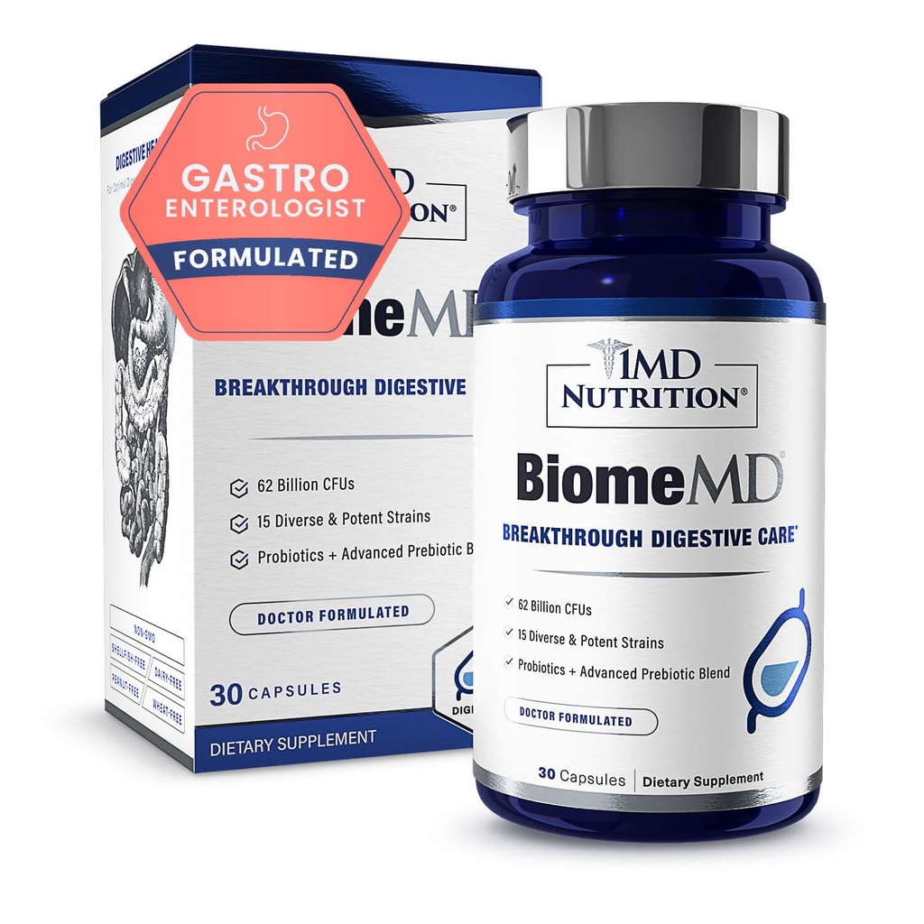 1MD 영양 BiomeMD Probiotics | 62억 CFUs, 15개 종합 Strains - Pro & Prebiotics | 소화 건강 및 면역 지원에 대한 의사 공식화 | 30개 캡슐