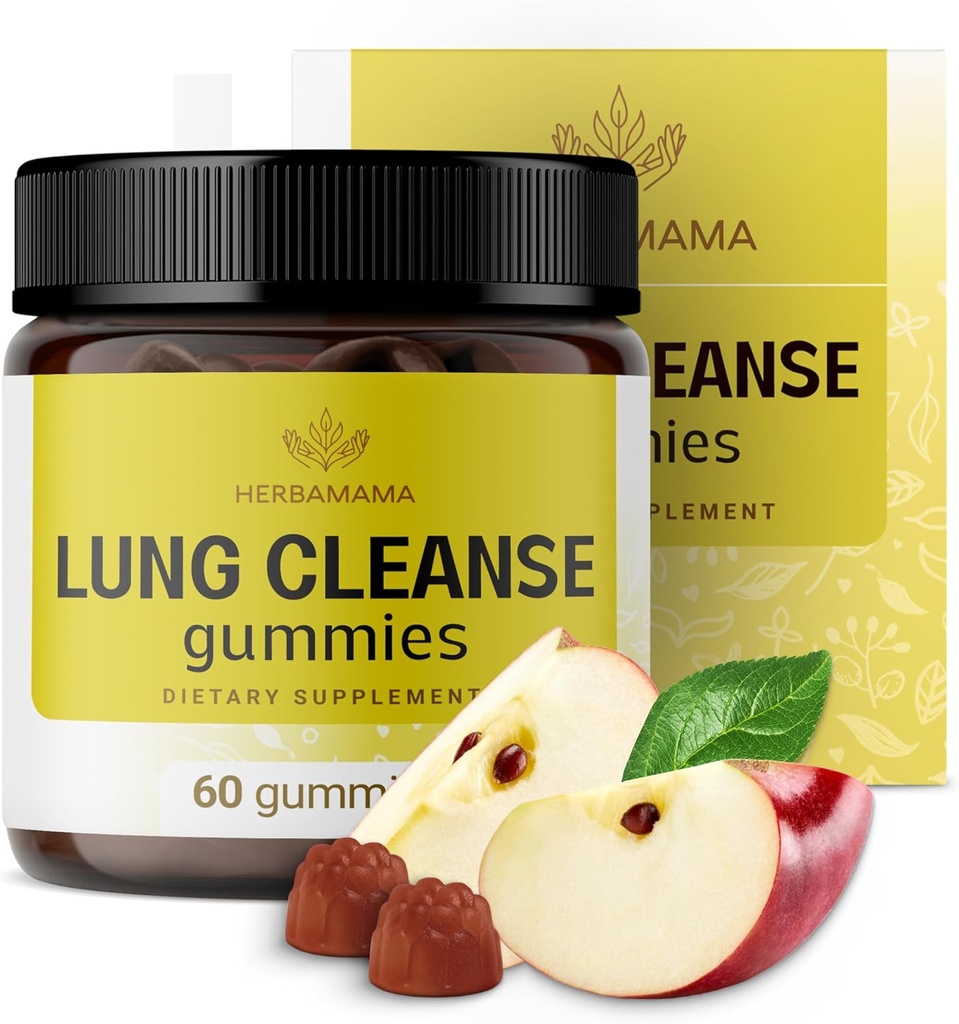 HERBAMAMA Lung Detox Gummies - Lung Cleanse - Vegan, Non-GMO Respiratory Support Supplement - 60 Pectin-Based Apple-Flavored Chews를위한 버섯 혼합 허브 복합체