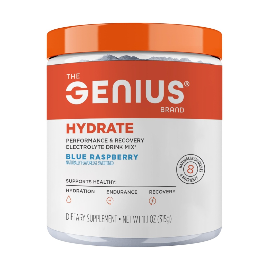 Genius 브랜드 Genius Hydrate - 매일 Hydration 용 Electrolyte 보충 - 코코넛 워터 - Sugar-Free - 8 Essential Minerals & Nutrients - Non-GMO - 블루 라즈베리 - 50 서빙
