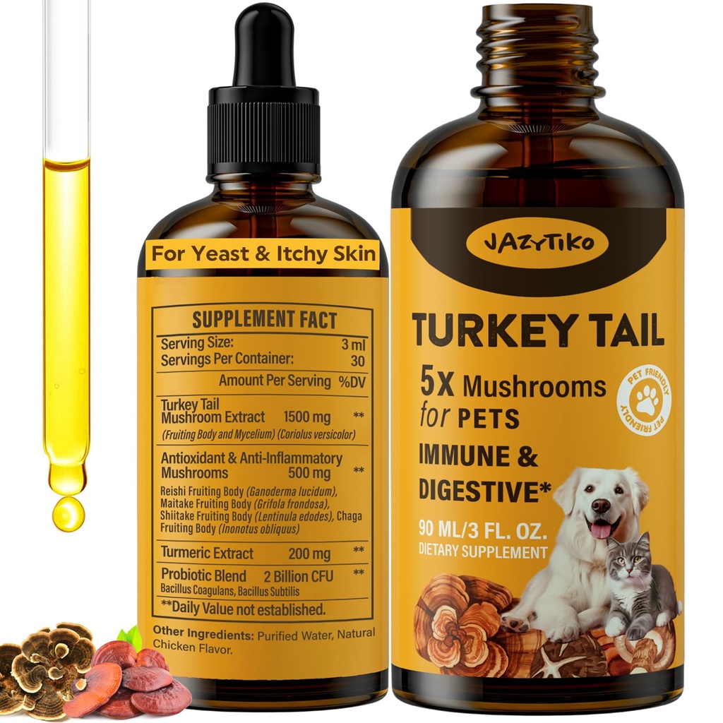 개를위한 터키 꼬리 버섯 - 빠른 흡수 2000mg 터키 꼬리 버섯 Immune & Digestive, 공동, 에너지, 5X Mushrooms for Pet Drop with Turmeric & Probiotic - Vet Formulated, 90 ML / 3FL.oz