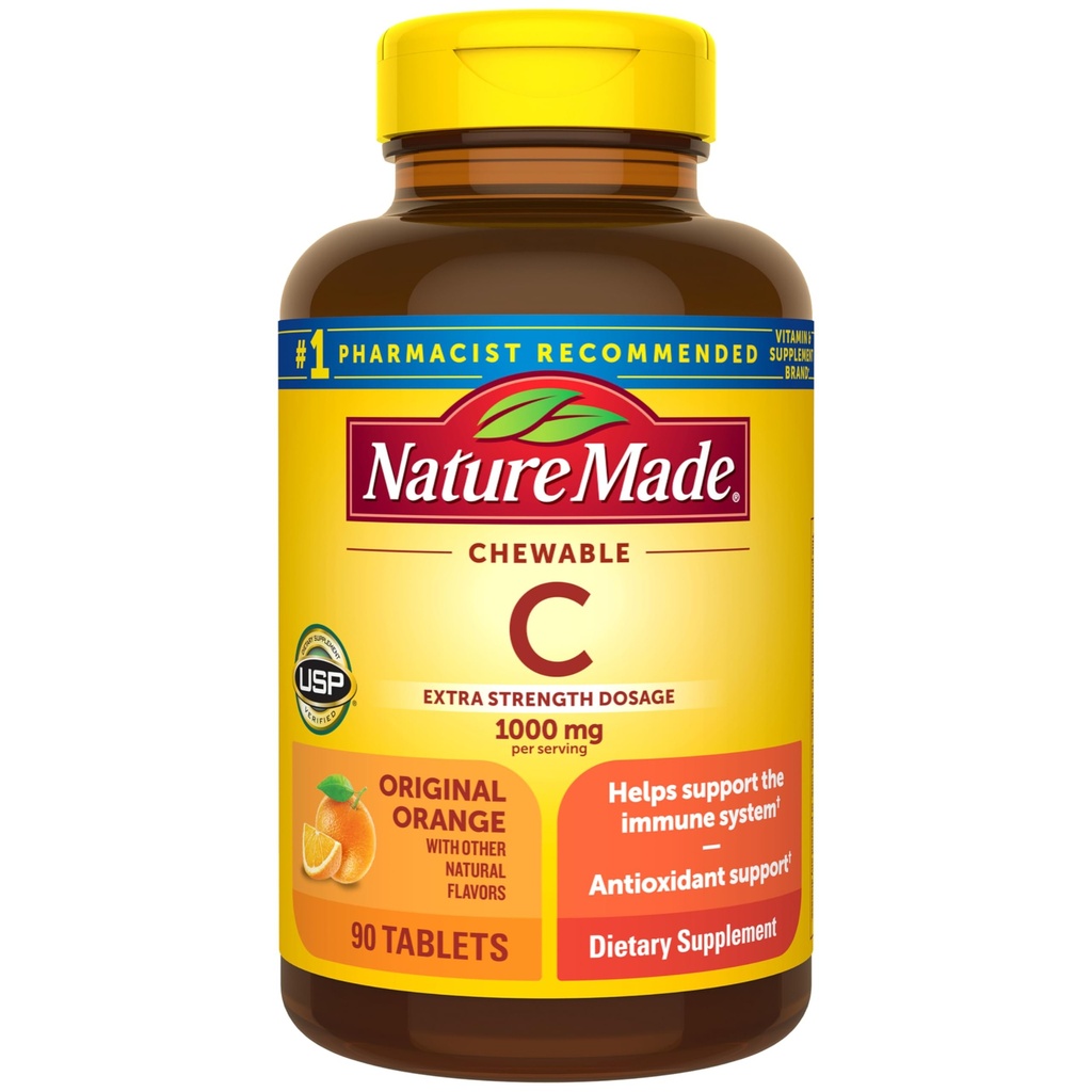 Nature Made Extra Strength Dosage Chewable Vitamin C 1000 mg / 서빙, 비타민 C Chewable Dietary Supplement for Immune Support, 90 정제, 45 일 공급