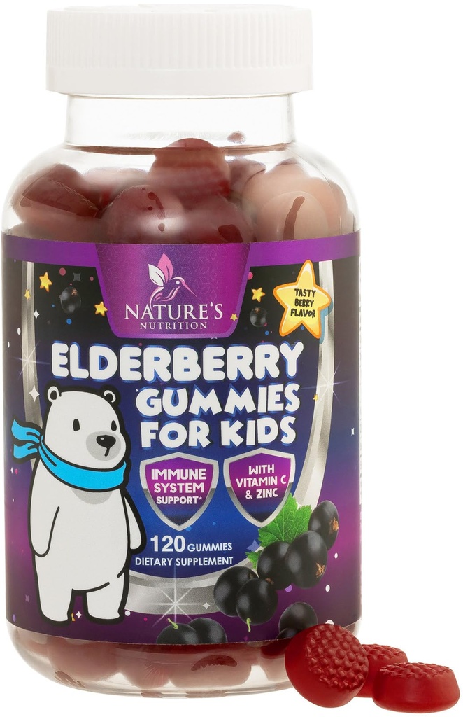 어린이 면역 지원 Elderberry Gummies - 매일 어린이 비타민 C, 아연 및 어린이 면역 지원 거미 - 자연의 Sambucus Elderberry 보충, Vegan, 글루텐 - 무료, 맛있는 베리 맛 - 120 Gummies