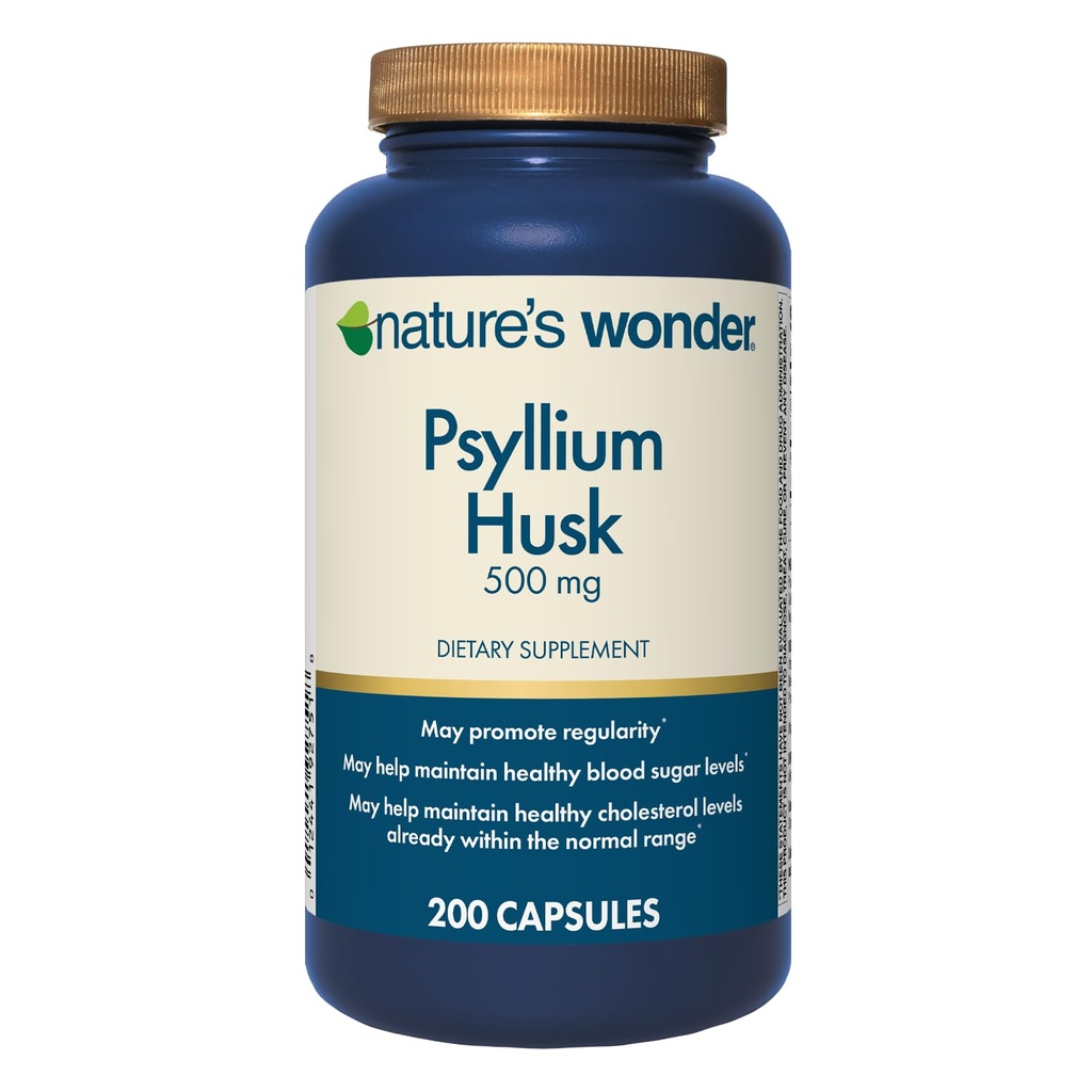 Nature's Wonder Psyllium Husk 500 mg 캡슐 Digestive 건강, 식물 기반 섬유, 200 카운트