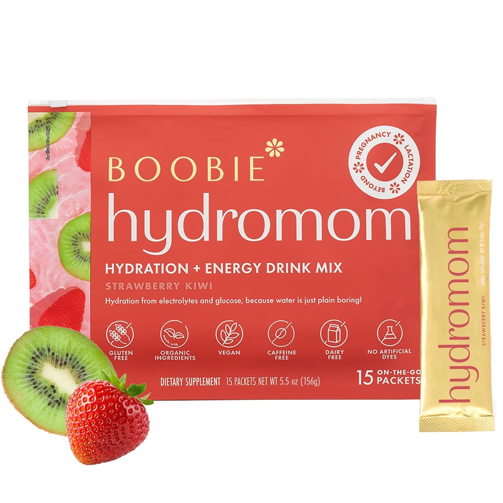 Boobie Hydromom Superfood Electrolyte 음료 믹스, Strawberry Kiwi | Mamas 용 재생 에너지 및 수분 보스트 | 임신, Lactation 및 Beyond, 15 Packets의 On-The-Go & Travel Essentials