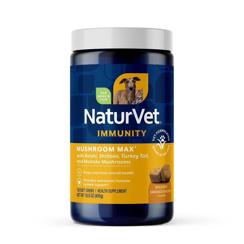 NaturVet Mushroom Max Advanced Immune Support Dog Supplement - 도덕성, 개를위한 전반적인 건강 - Shitake Mushrooms, Reishi, Turkey Tail - 120 Ct를 포함합니다.