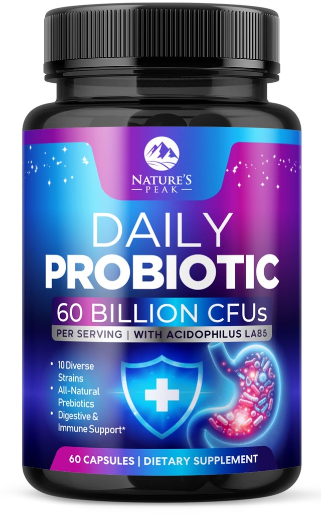 Probiotics 60 Billion CFU - 10 Strains + Digestive Enzymes & Prebiotics - 여성 및 남성을위한 최고의 Probiotics, 면역, 구트 건강, 갑상선 변비, Diarrhea, 가스 및 Bloating - 60 캡슐