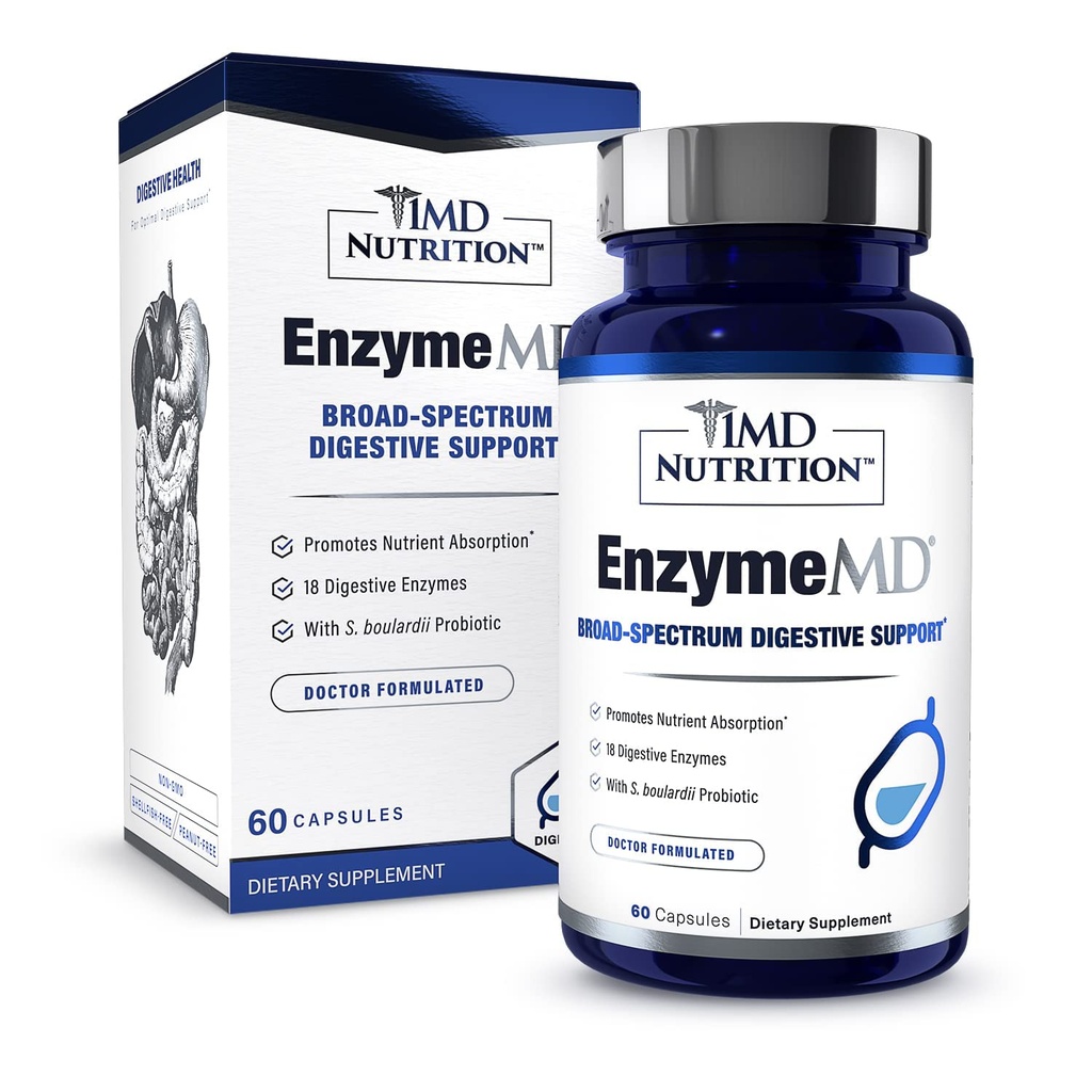 1MD 영양 EnzymeMD - 소화 효소 보충 - 의사 공식화 | 18 식물 기반 효소 - 가스 및 부유 지원 | 60 캡슐