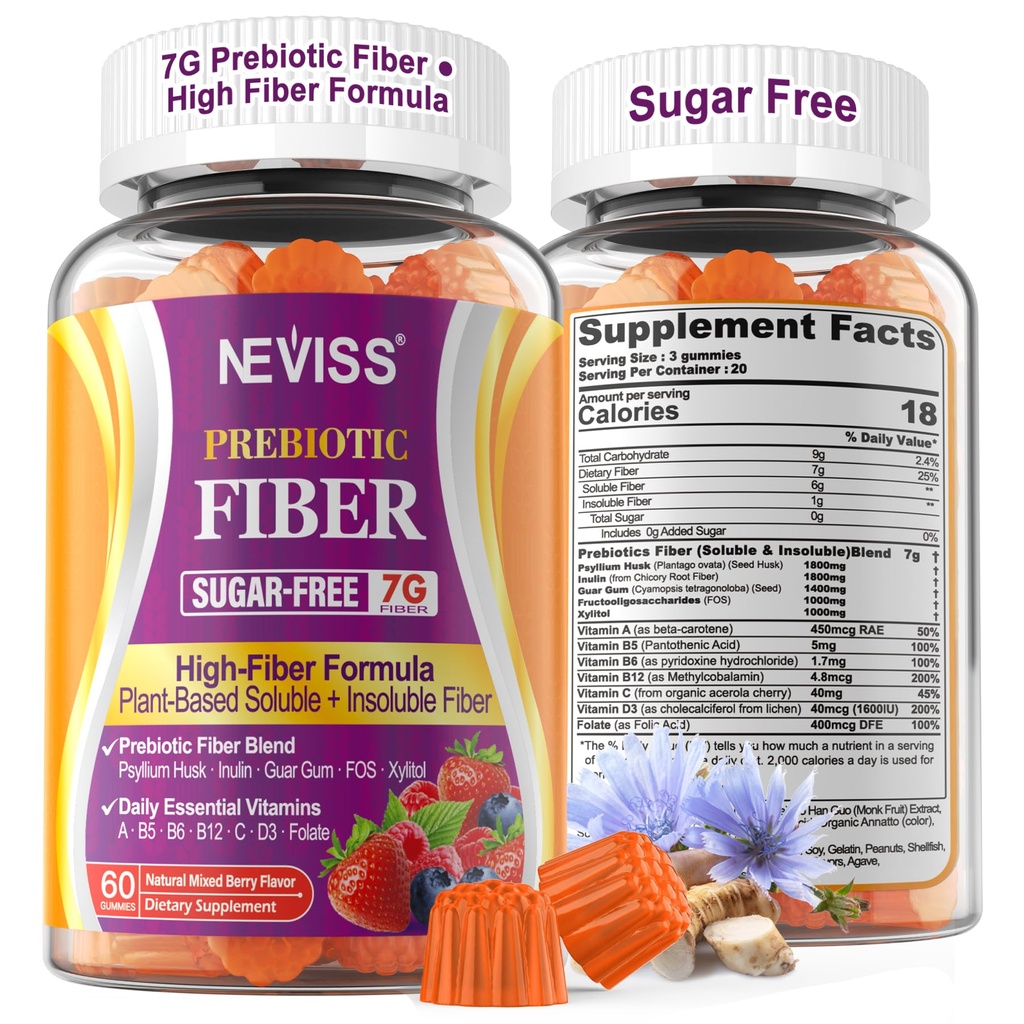 Psyllium Husk, 7G (Soluble + Insoluble)를 가진 성인을 위한 1Pack 섬유 Gummies Inulin, FOS, Guar Gum, 매일 소화 건강을 위한 Multivitamins, 일정한 Gut 지원, 수가 자유로운을 가진 매일 Prebiotic 섬유