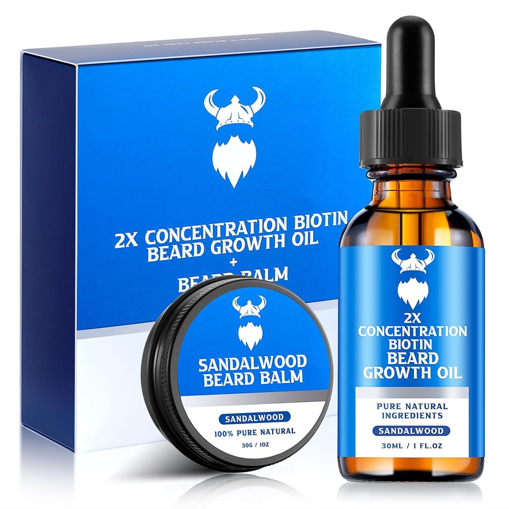 Beard Growth Oil & Beard Balm - 남자를위한 2X 농축 Biotin, Argan Oil, Jojoba Oil 및 Vitamin (샌달우드)의 천연 성분을 가진 Beard Growth Kit