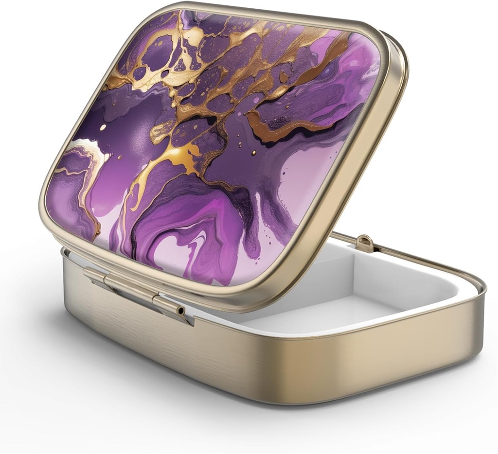 Pill Case Pill Box with Mirror Retro 2 Compartment Purse 또는 포켓 청동 직사각형 알약 상자 또는 비타민, 생선 기름, 보충제, Pill Containe 여행 선물 (골드 대리석)