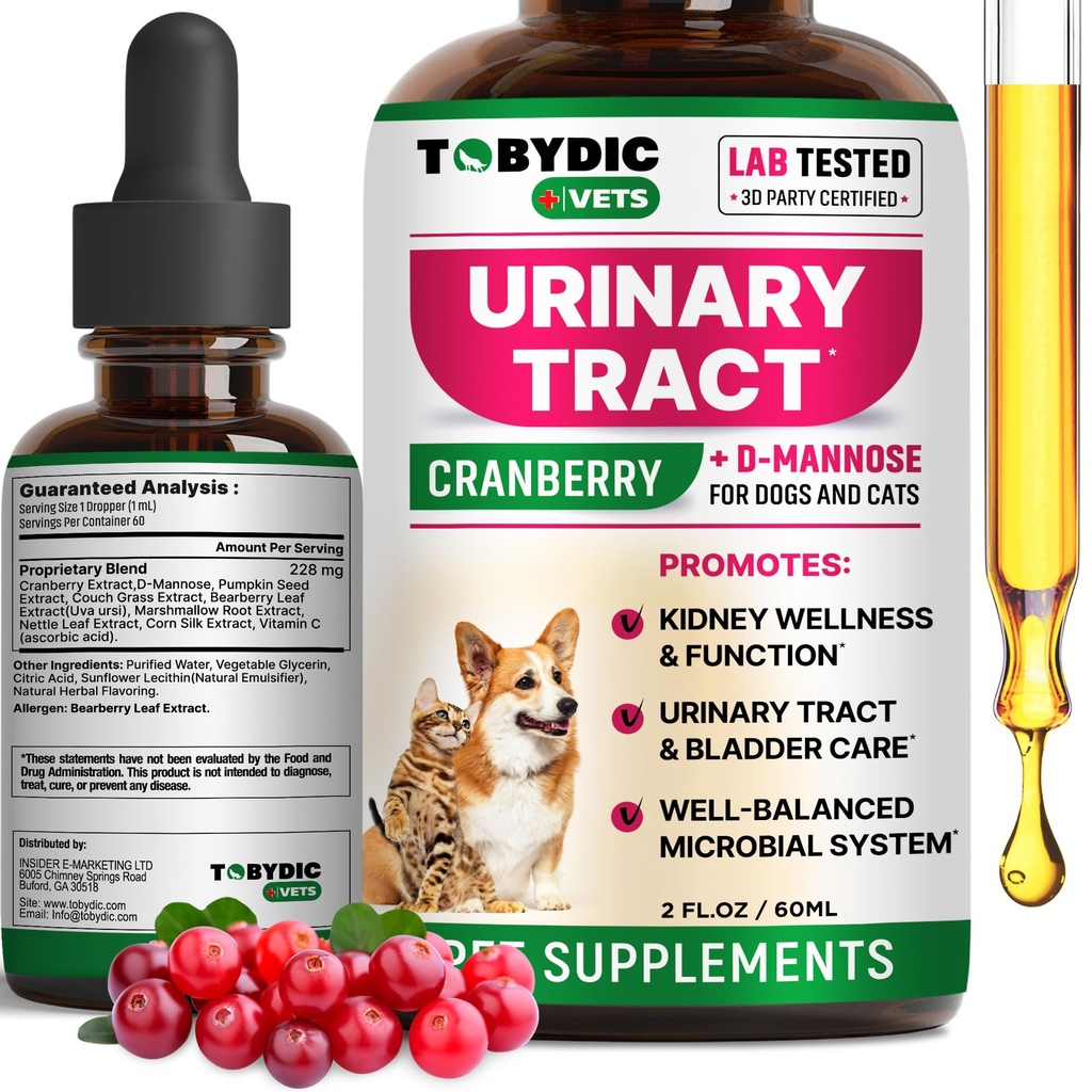 Cat & Dog Natural UTI Medicine & Urinary Tract Infection treatment with Cranberry - Kidney + Bladder Support Supplement - 소변 억제 및 방광 돌을위한 최고의 예방 - Pet Renal Health