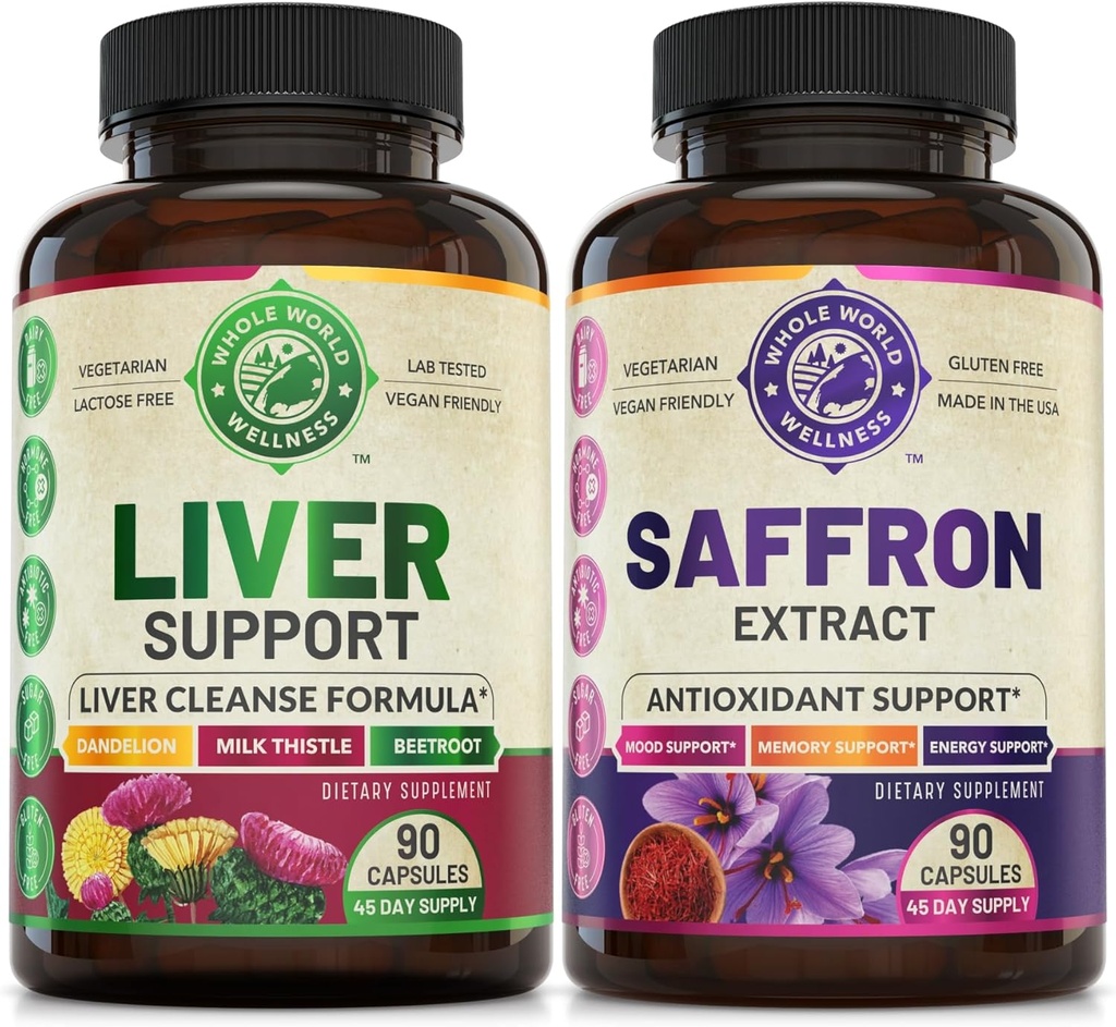 Liver Cleanse Detox Repair Formula 및 Pure Saffron Extract 번들 (각 한 병). 지원 Liver 건강, 에너지 부스트, 무드, 대사 기능. 미국 제작.
