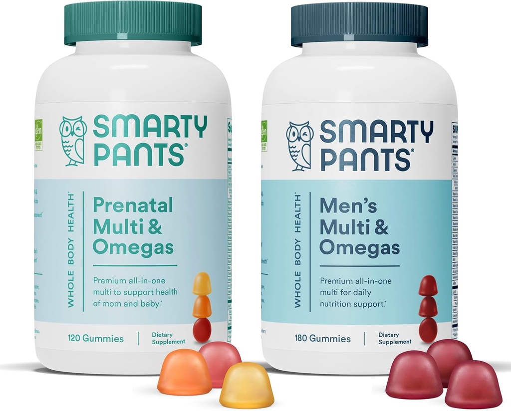 SmartyPants Prenatal와 남자의 Multivitamin Gummies 번들: 오메가 3 물고기 기름 (EPA/DHA), Biotin, Methylfolate, 비타민 D3, C, 비타민 B12, B6, A, Immune 지원 (30 일 공급)를 위한 K & 아연