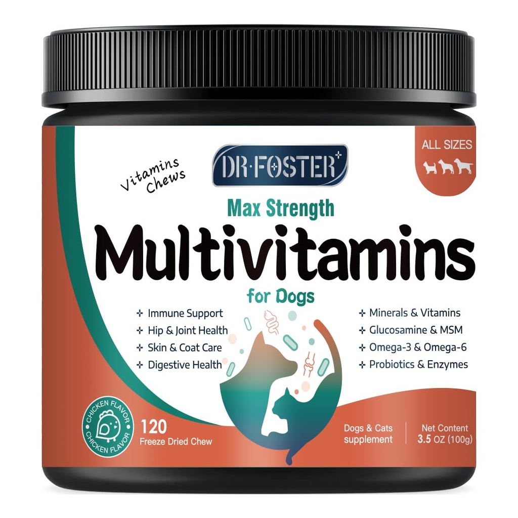 Glucosamine, Omega 3, Minerals, Probiotics 및 Enzymes, Dog Vitamins 및 Joint, Skin & Coat Care, Digestive 및 Immune Health, Chicken flavor - 120 Chews 용 개 멀티 비타민 및 보충제
