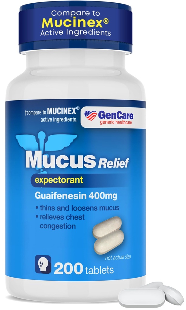 GenCare Mucus Relief Expectorant Guaifenesin 400 mg 200의 정제 가치 팩 - 찬, 가슴 혼잡, 불, 기침 및 알레르기를 위한 Mucus의 빠른 행동 희게