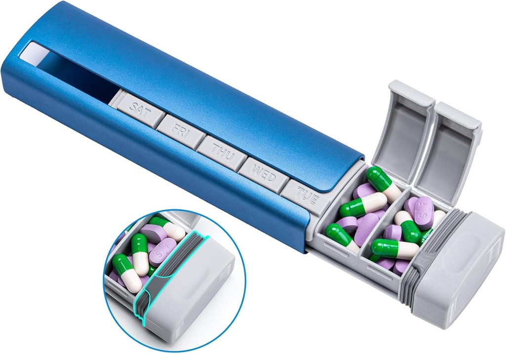 Daviky Metal Travel Pill 주최자, 프리미엄 알루미늄 알약 상자 7 일, 주간 매일 알약 케이스, 의약품, 보충제 및 비타민 (Blue+Gray)을위한 세련된 & Cute Pill 홀더