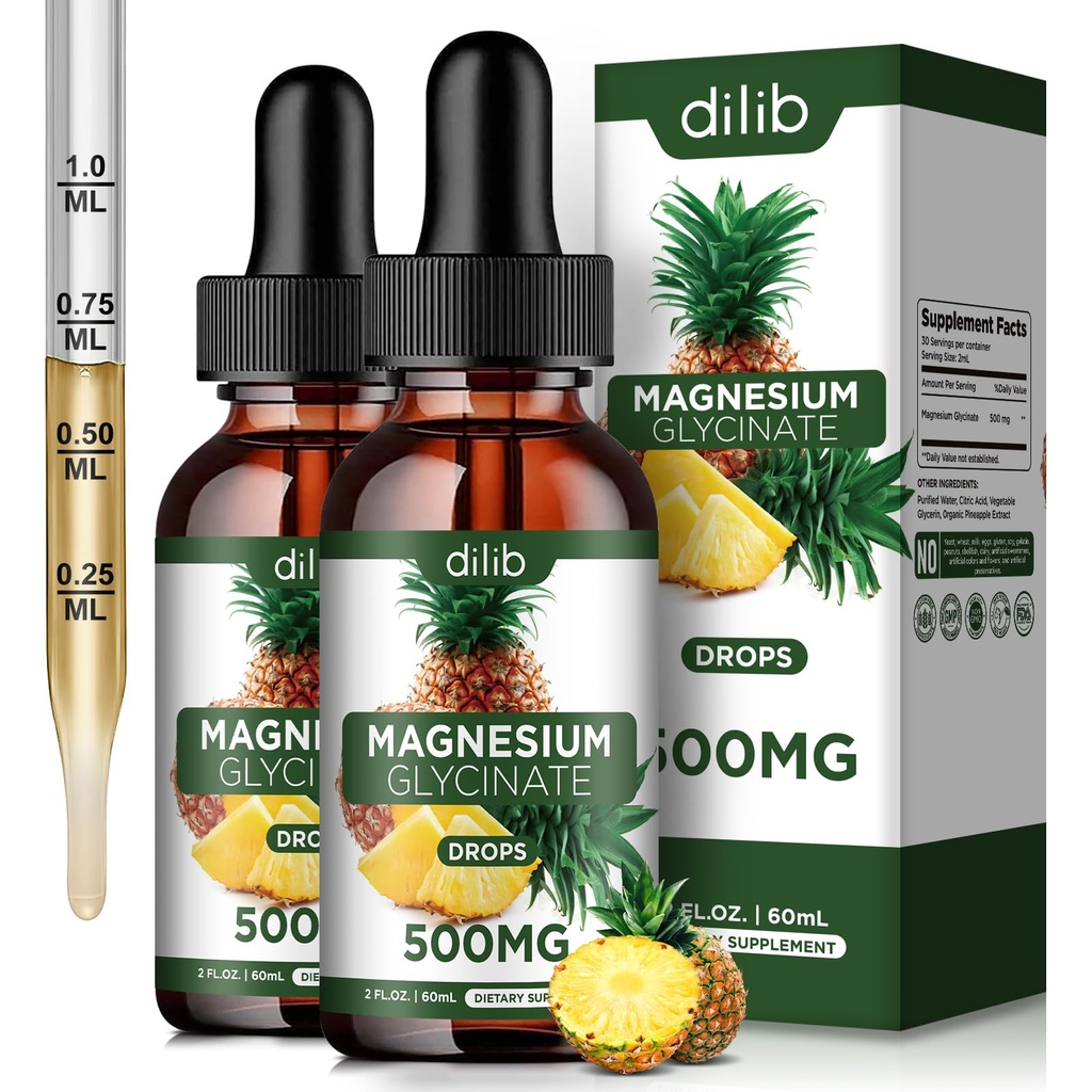 (2 팩) 마그네슘 글리세라이드 보충교재, 액체 마그네슘 글리세라이드 액체 하락 500mg 지원 긴장 기복, Relaxation, 계류, 잠, 뼈 & 근육 4 Fl Oz, 채식주의자, 파인애플 풍미