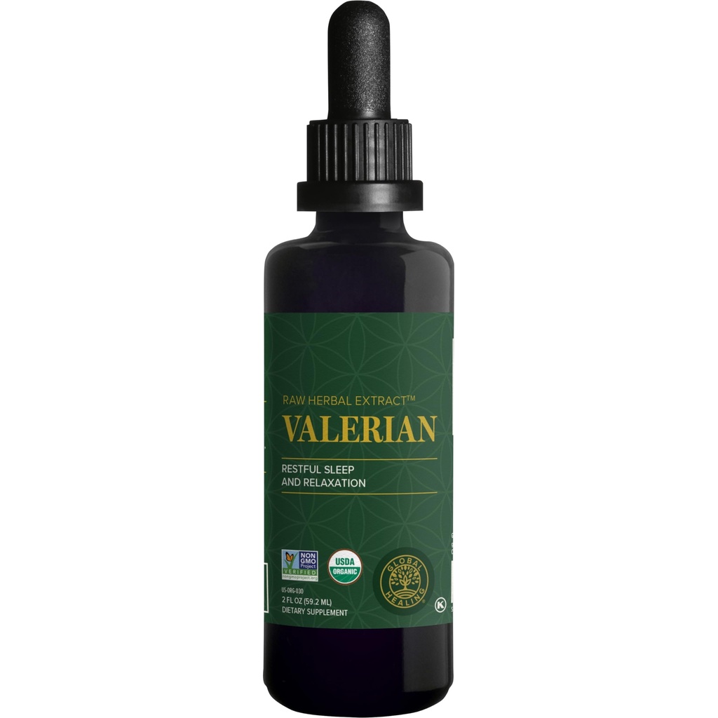 Global Healing Organic Valerian Root Extract Liquid Supplement - 건강한 Relaxation, Sleep & Calm을위한 익지않는 초본 추출물 - Bioavailability 용 Valerian Root Capsules에 대한 대안 - 2 Fl Oz