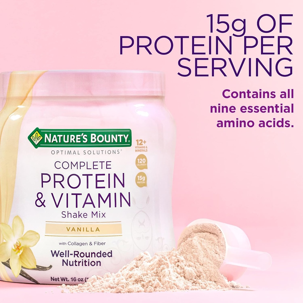 Nature 's Bounty Complete Protein & Vitamin Shake Mix with Collagen & Fiber, 면역 건강, 바닐라 맛, 1 파운드 (팩 2)