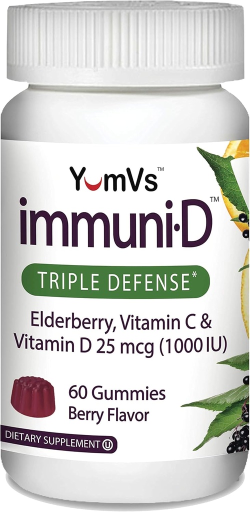 YumVs의 ImmuniD Elderberry Gummies | Sambucus Elderberry, 비타민 C 및 비타민 D가있는 트리플 방어 비타민 | 여성 및 남성용 Immune 시스템 지원 | 천연 베리 맛-60 조사