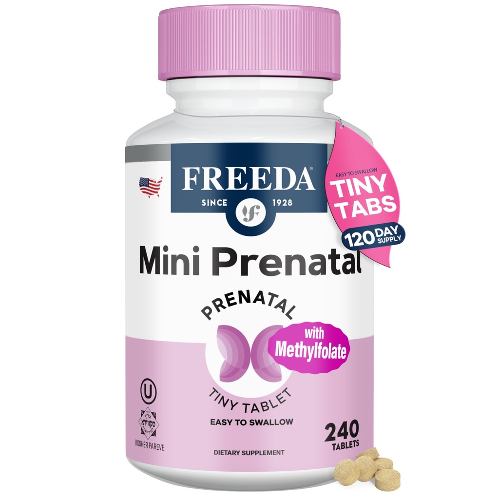 FREEDA Mini Prenatal Vitamin - Kosher Prenatals -Tiny Easy to Swallow Tablets - 철, Prenatal Folic Acid/Folate, 비타민 D - 임신 한 여성을위한 전 Natal Multivitamin (240)