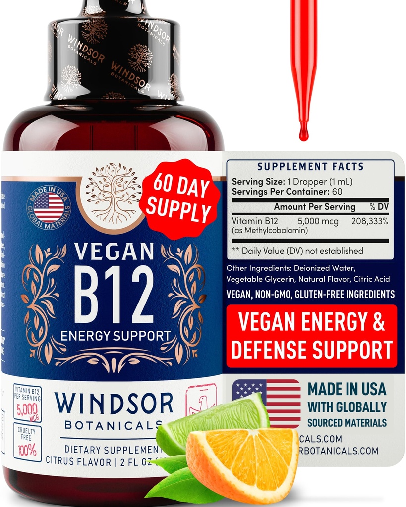 Vegan 비타민 B12 액체 - 최대 힘 Methylcobalamin B12 이하 언어 5000 mcg - Mood, 기억 및 에너지 지원을 위한 빠른 흡수 보충교재 - 비 GMO, 글루텐 자유로운, 감귤류 풍미 B 12 하락, 2oz