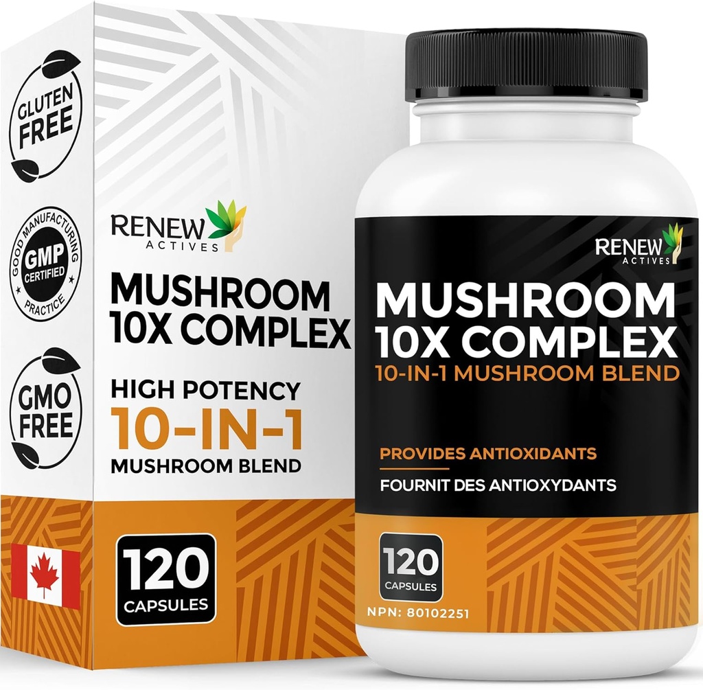 RENEW ACTIVES Mushroom Complex 2 캡슐 서빙 당 – 10 Mushroom Blend with Antioxidants for Immune Health & Wellness – 캐나다에서 전체 활력 및 장기 웰빙 지원 - 120 캡슐