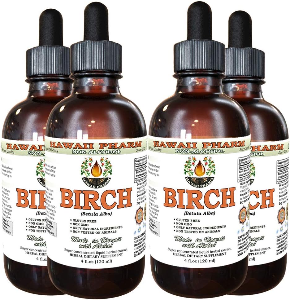 Birch 알콜 자유로운 액체 추출물, Birch (Betula Alba) 말린 Bark 글리세리티 하와이 Pharm 자연적인 초본 보충교재 4x4 oz